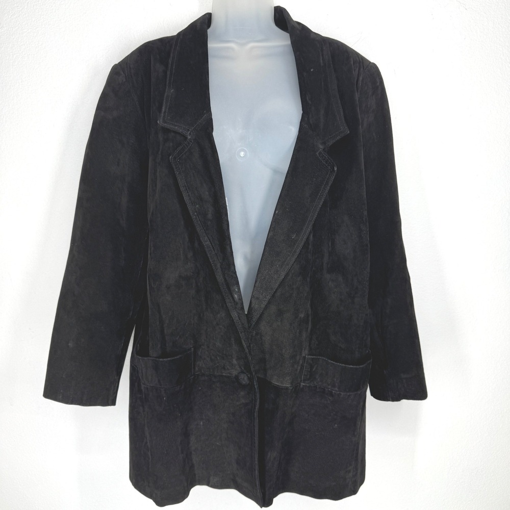 Vintage Womens Black Suede Leather Blazer Chore Barn Jacket L Y2K 90s Oversized